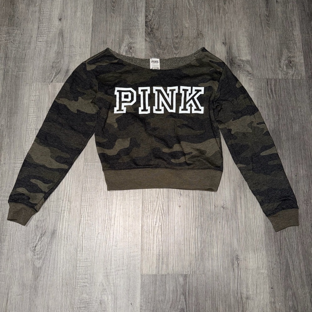 PINK Victoria's Secret Green Camouflage Off-the-Shoulder Sweater